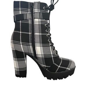Perphy Platform Lace Up Chunky Heel Plaid Printed Ankle Combat Boots for Women